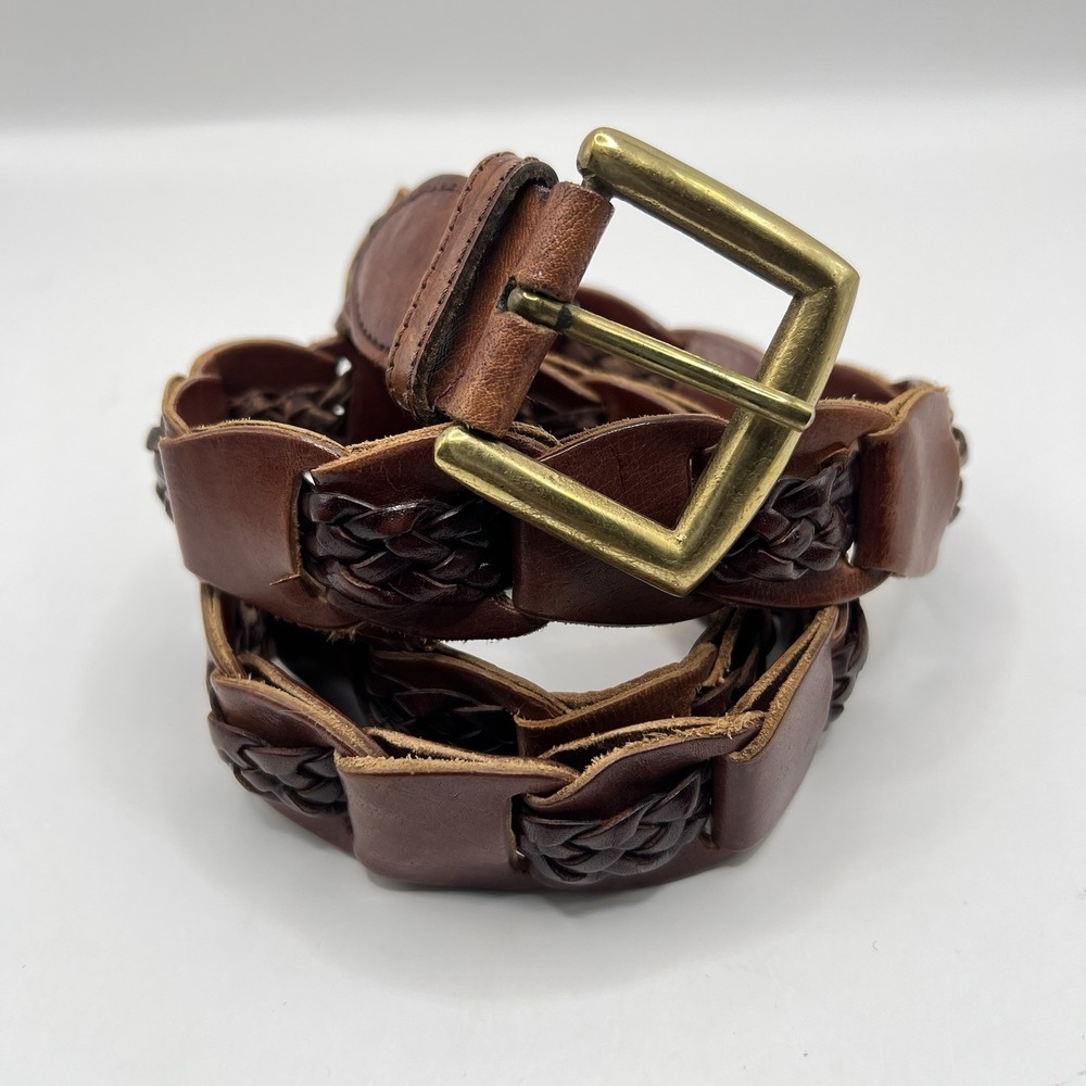 Braided Leather Link Belt Brass Buckle Small Brown Boho Western Festival